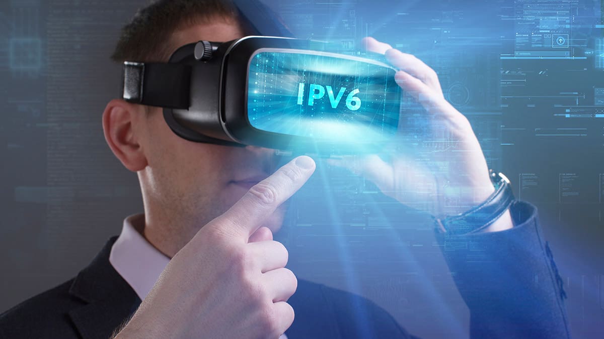 IPv6 overlaid on a guy's VR headset in a fake looking way